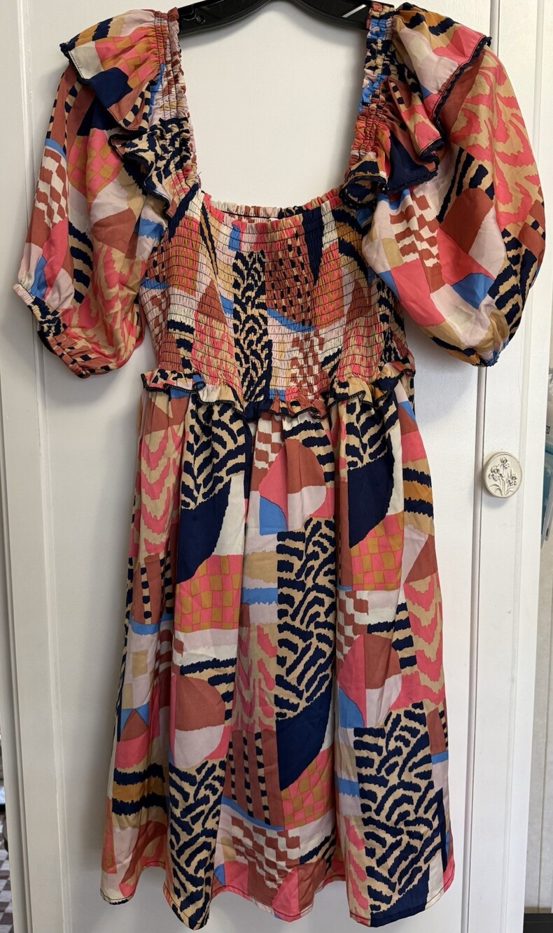 TCEC Women’s Small Abstract Print Smocked Puff Sleeve Mini Dress Square Neck